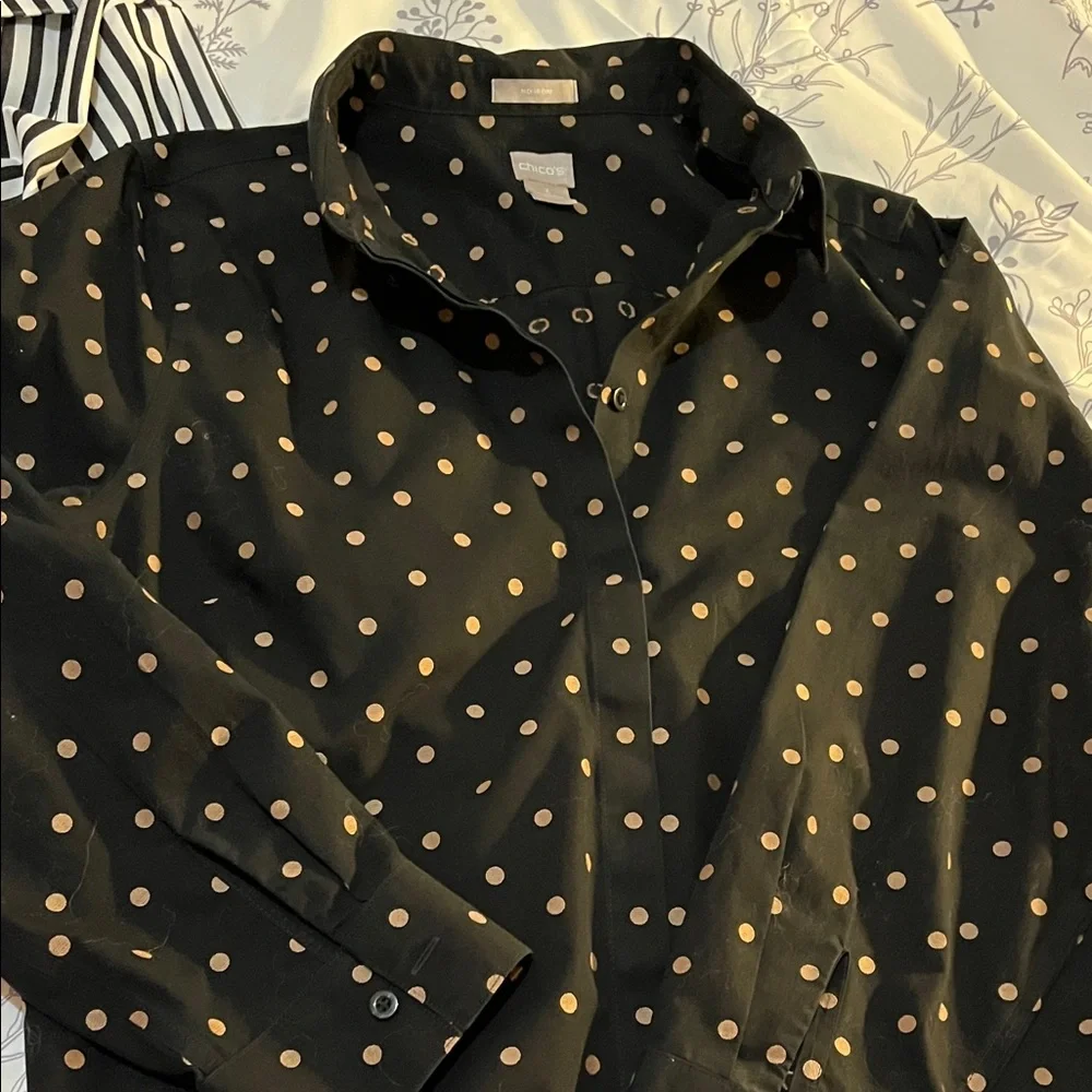 Chico's Black Blouse with Gold Dots and White Blouse with Black Stripes - Picture 3 of 11